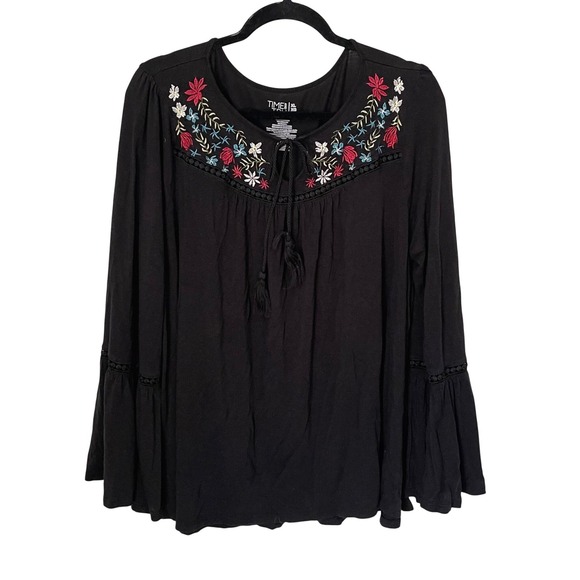Time and Tru Tops - Time and Tru‎ Women XL Black Embroidered Bell Sleeve Tie Neck Boho Long Sleeve